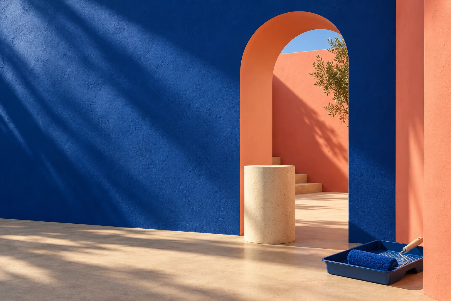 Cobalt blue and coral painted architecture with a paint roller in warm daylight